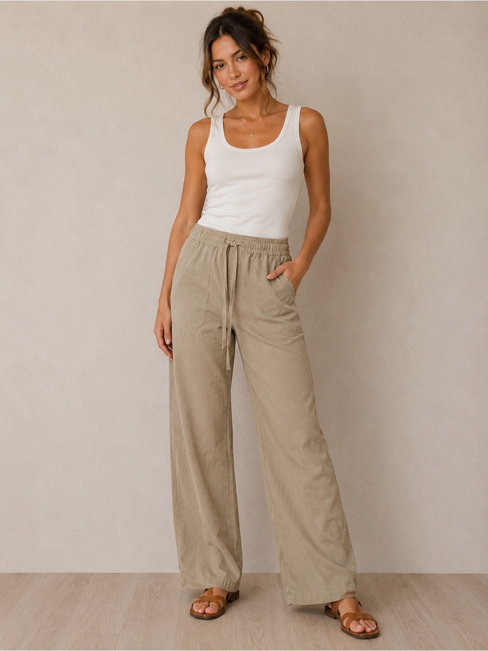 Per Se Linen Blend Drawstring Wide Leg Pants Beige Size Small